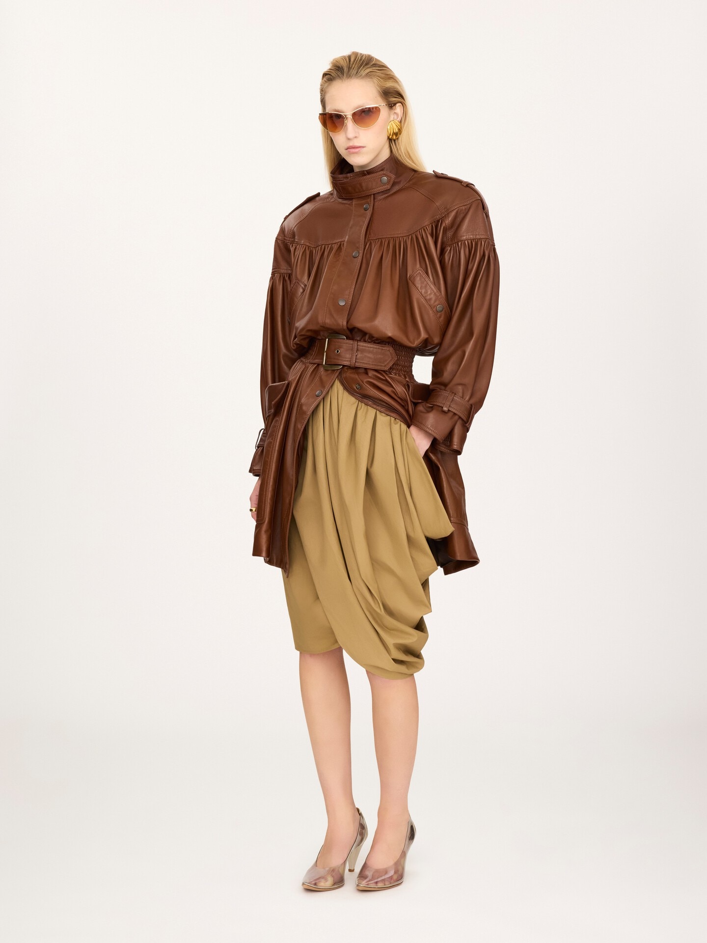High-neck puff-sleeve leather coat - 1.0