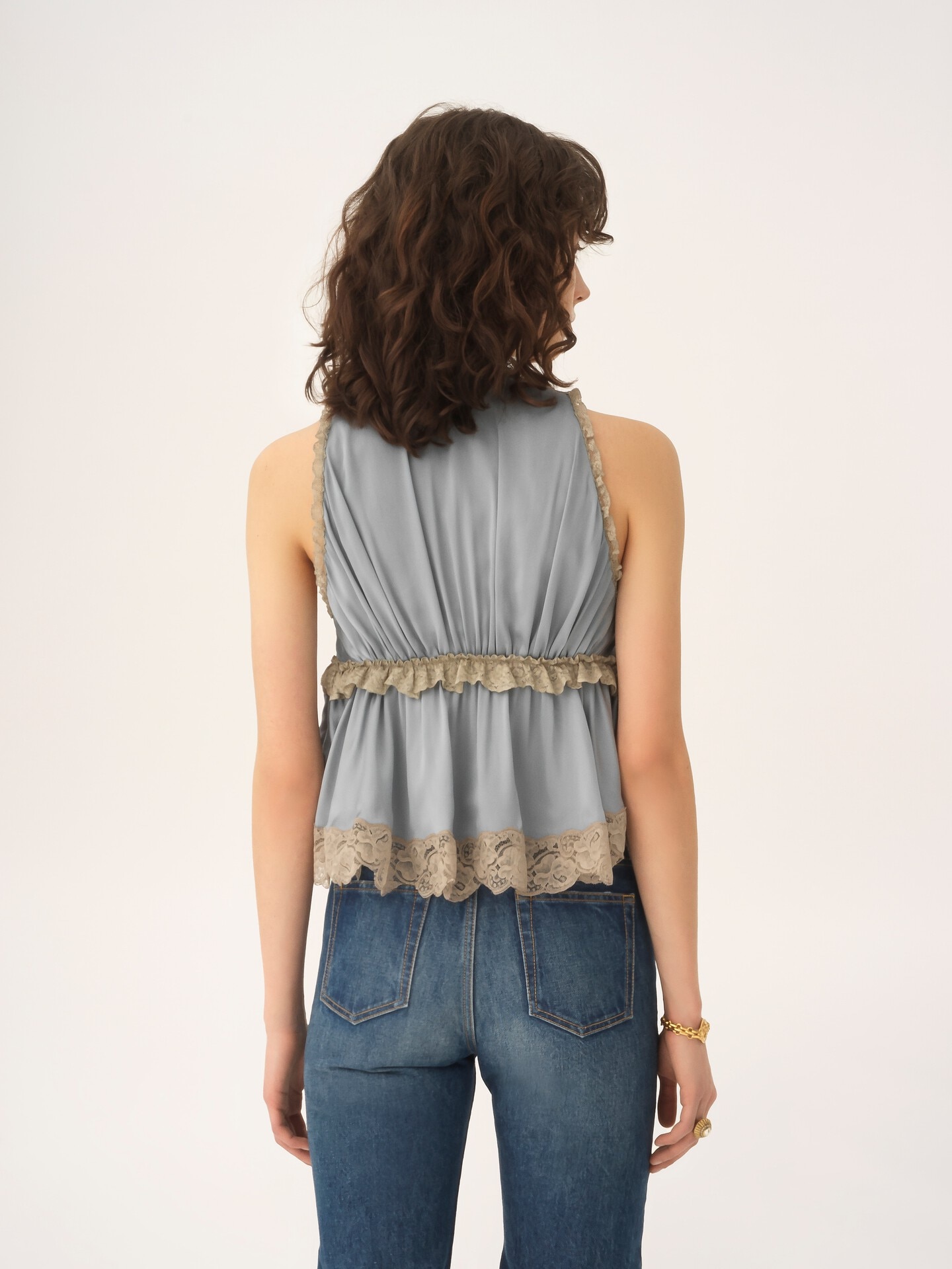 Tie-front sleeveless top in washed silk satin & lace - 5