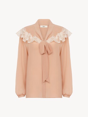 Blusa fruncida con lazo delantero de georgette de seda y encaje - 2