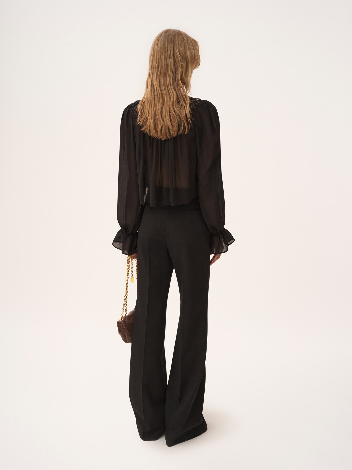 Scoop-neck cropped top in silk georgette & lace - 5