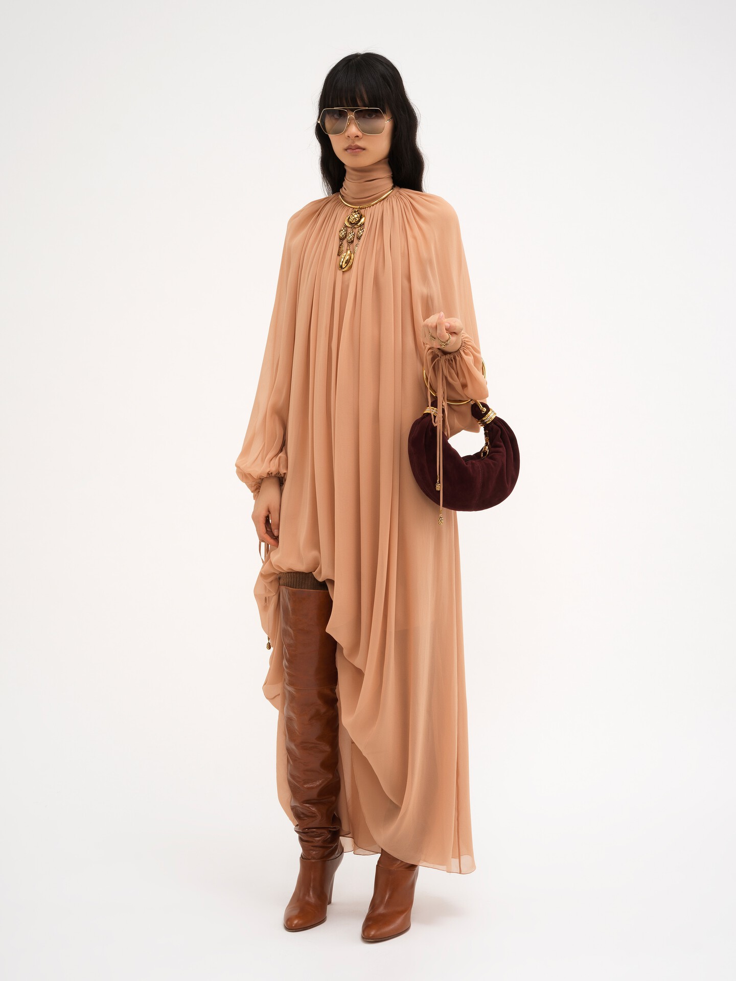 Mock-Neck Gathered Long Dress In Silk Georgette - 4