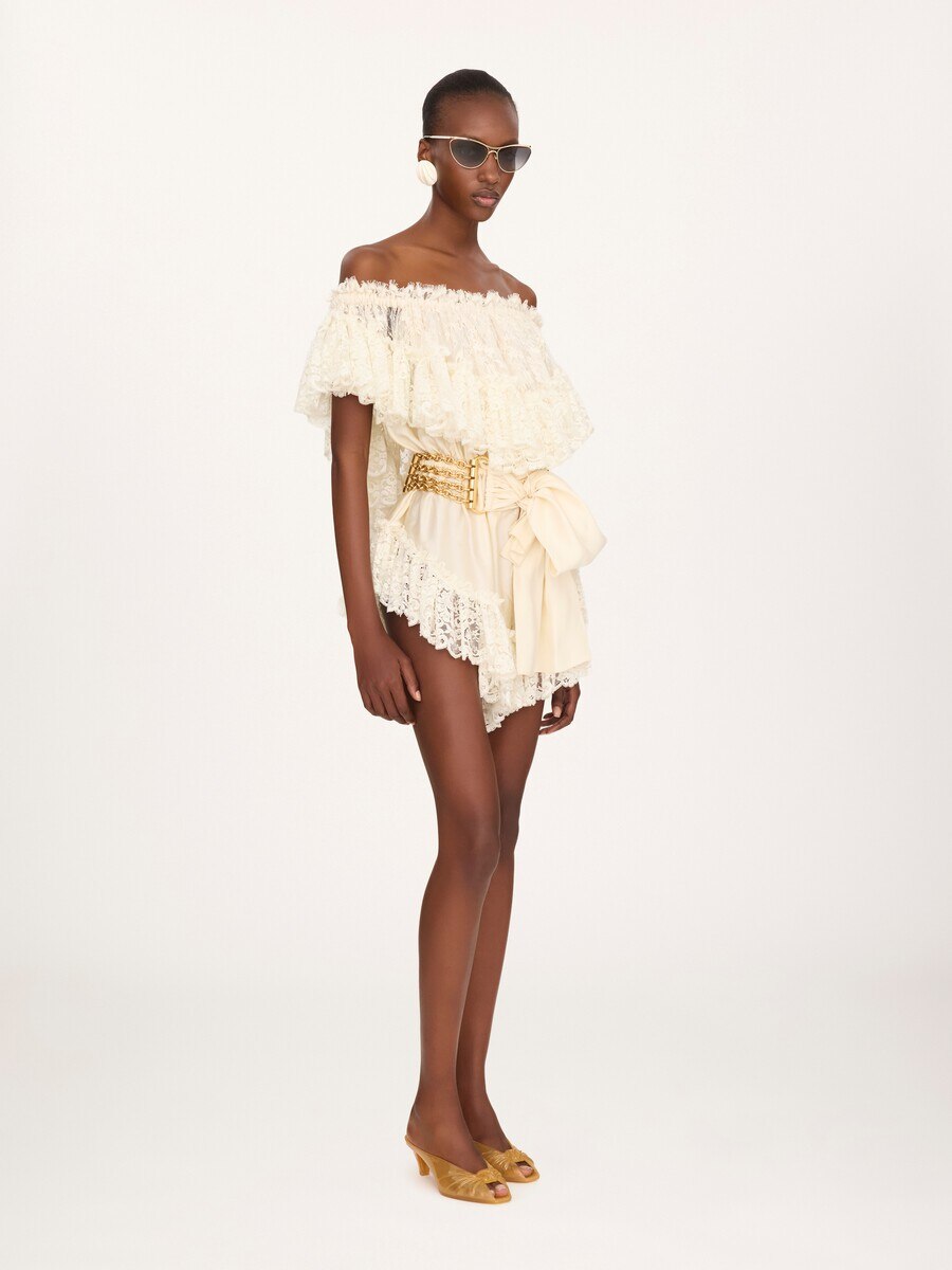Mini off-the-shoulder playsuit in washed silk satin & lace - 3
