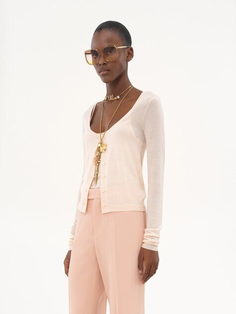 Scoop-neck fitted cardigan in superfine wool knit