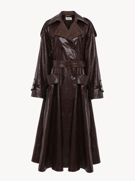 Double-breasted long riding coat in coated linen