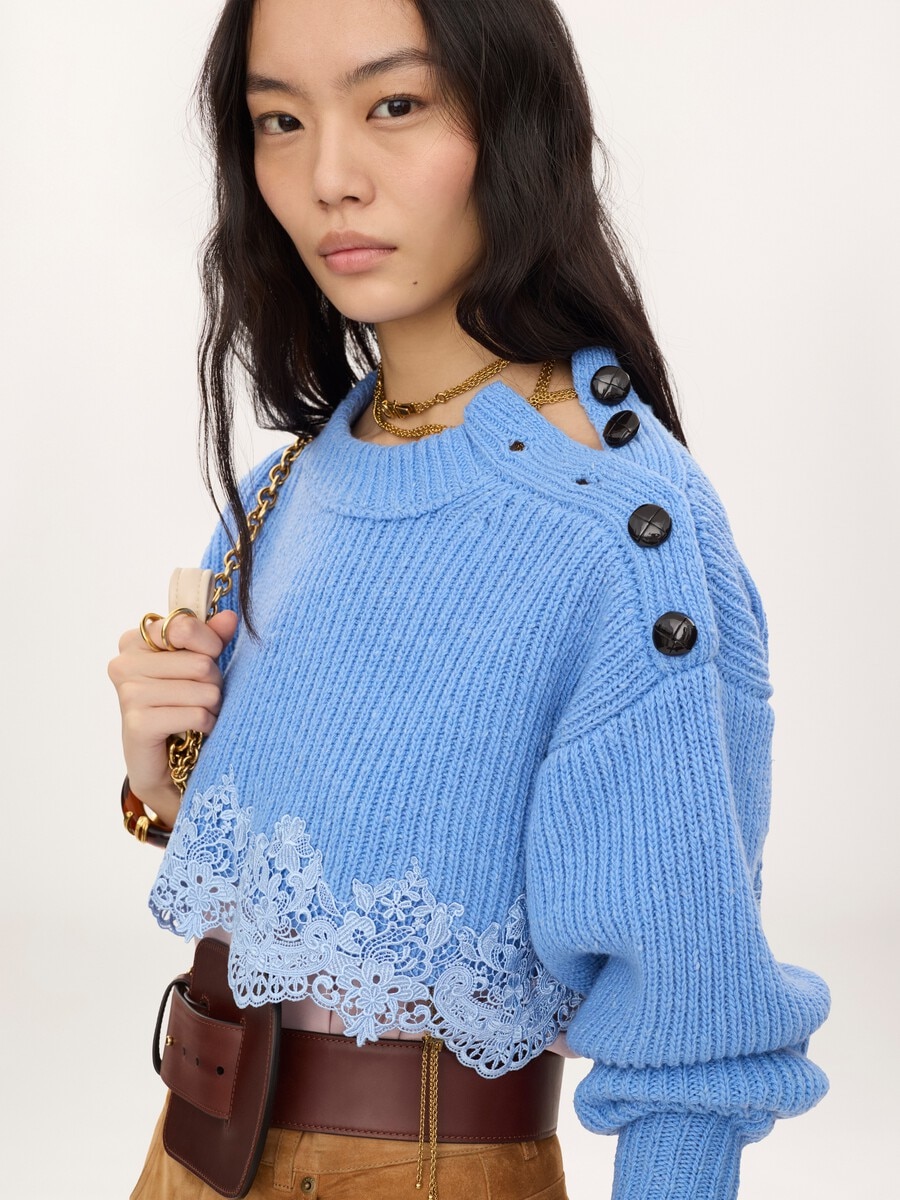 Cropped sweater in a merino wool knit & lace - 6