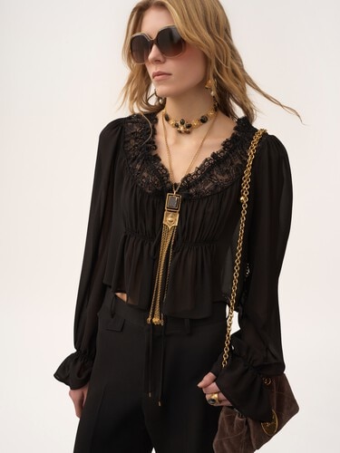 Cropped-Top mit Rundhalsausschnitt aus Seidengeorgette und Spitze - 4