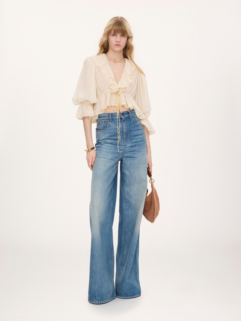 Cropped-Oberteil aus Seidengeorgette und Spitze mit R&uuml;schen und V-Ausschnitt