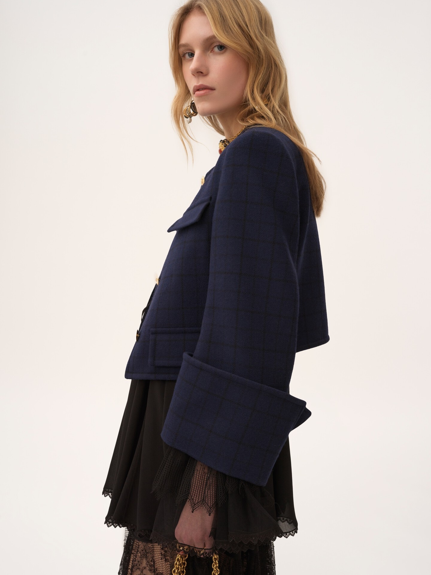 Boxy collarless jacket in wool check - 5