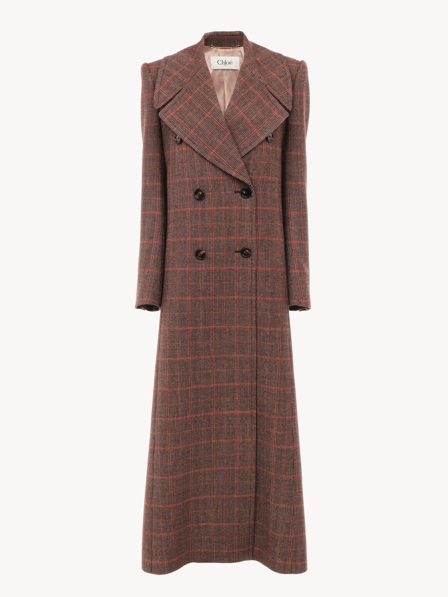 Long double-breasted coat in check wool Brown - Chloé