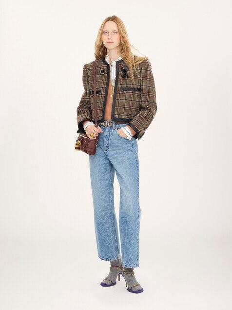 Collarless cropped boxy jacket in check wool