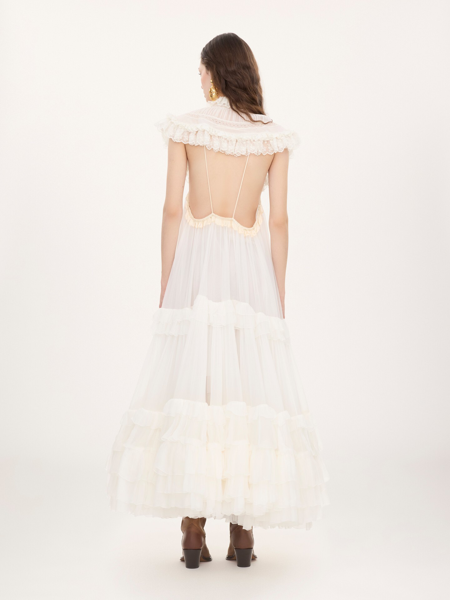 Robe longue &agrave; n&oelig;ud et volants en mousseline de soie et dentelle - 5.0
