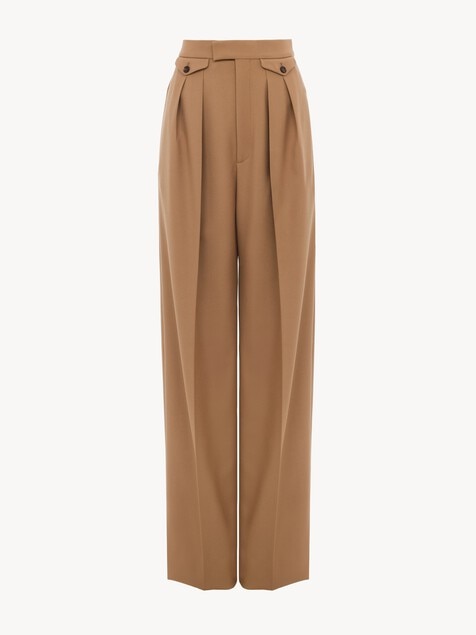 High-rise gathered trousers in wool gabardine
