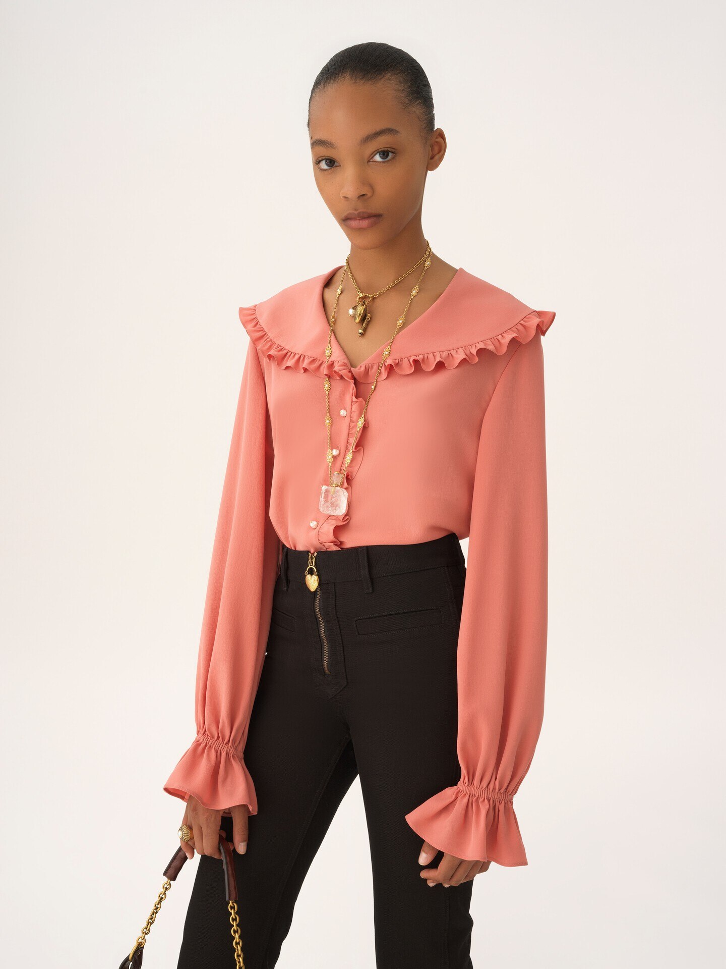 Fluid ruffle blouse in cr&ecirc;pe de chine - 4