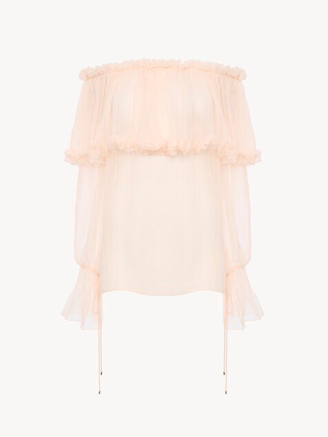 Off-the-shoulder puff-sleeve top in silk mousseline