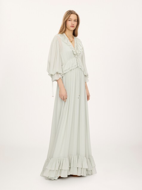 Robe longue fronc&eacute;e en charmeuse de soie