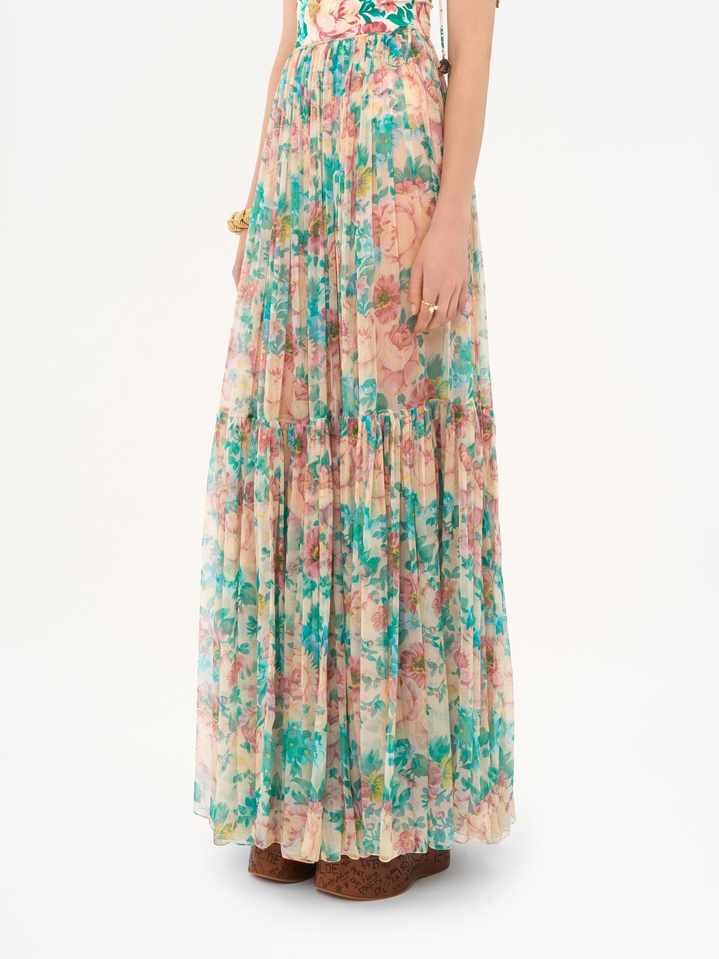 Gathered maxi skirt in silk mousseline - 4