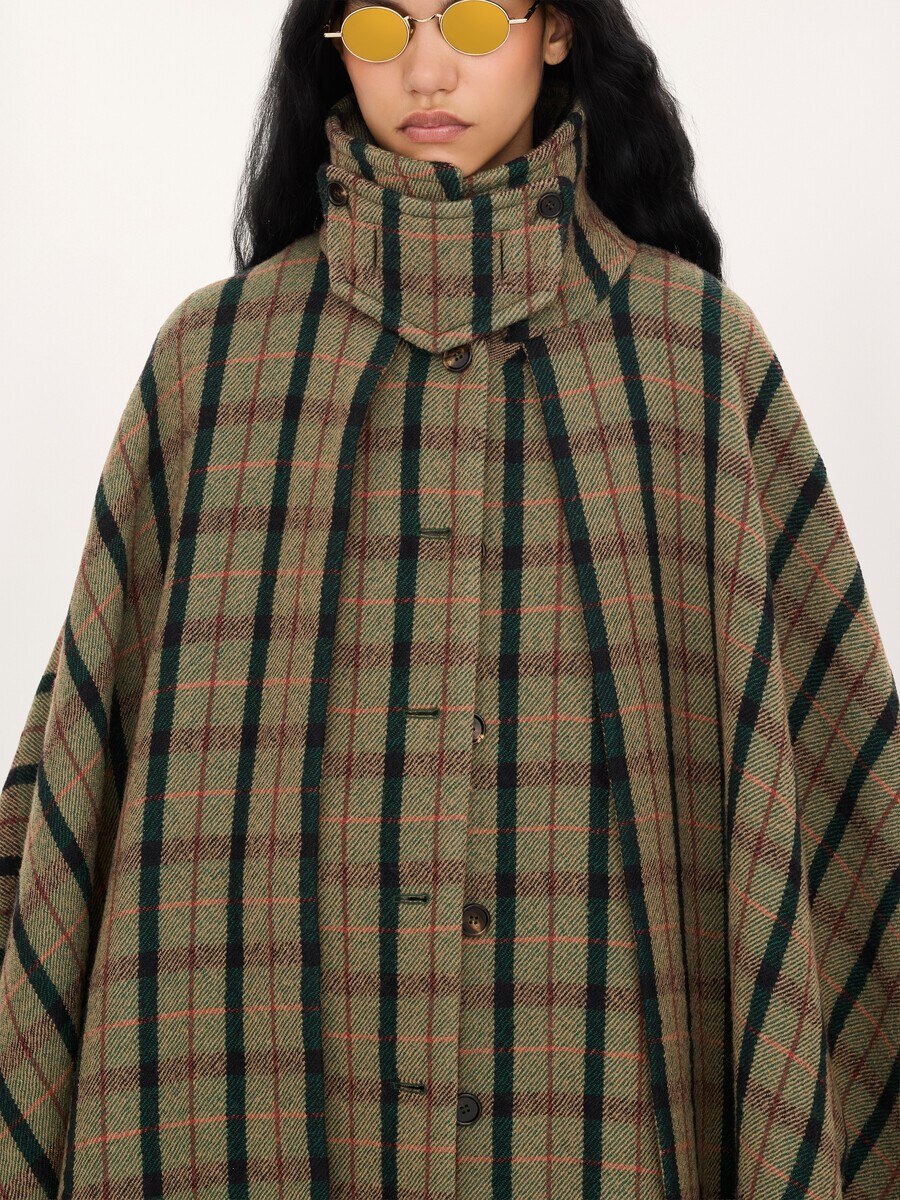 Layered long cape coat in brushed check wool - 9