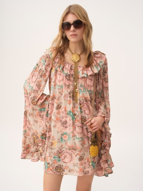 Square-neck ruffled mini dress in cr&ecirc;pe de chine