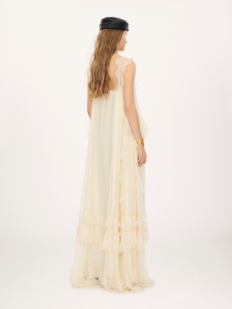 Sleeveless layered long dress in silk mousseline & lace - 6