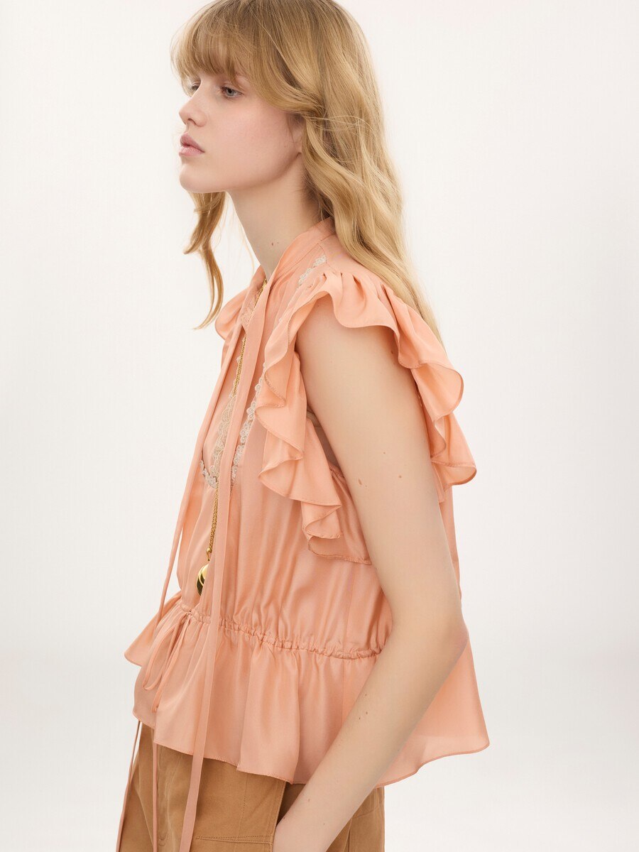 Short-sleeve ruffle top in washed silk habotai & lace - 5