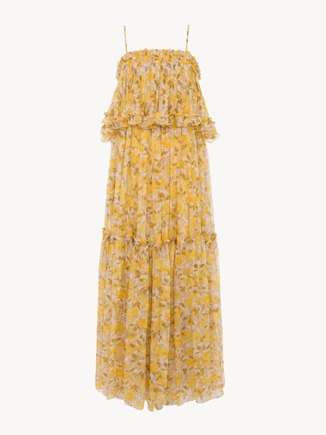 Robe longue &agrave; fines bretelles en mousseline de soie