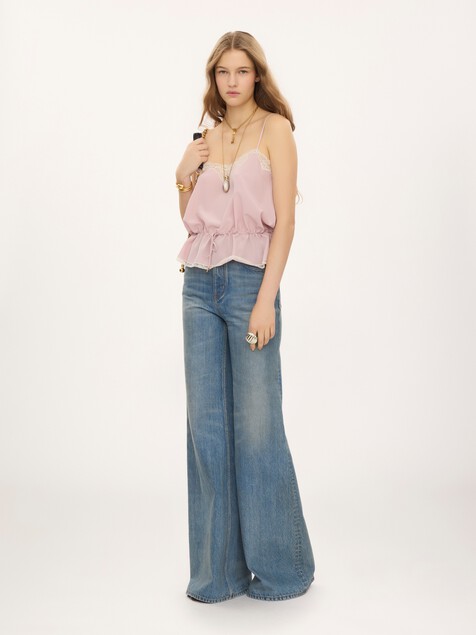 Drawstring camisole top in cr&ecirc;pe de chine & lace