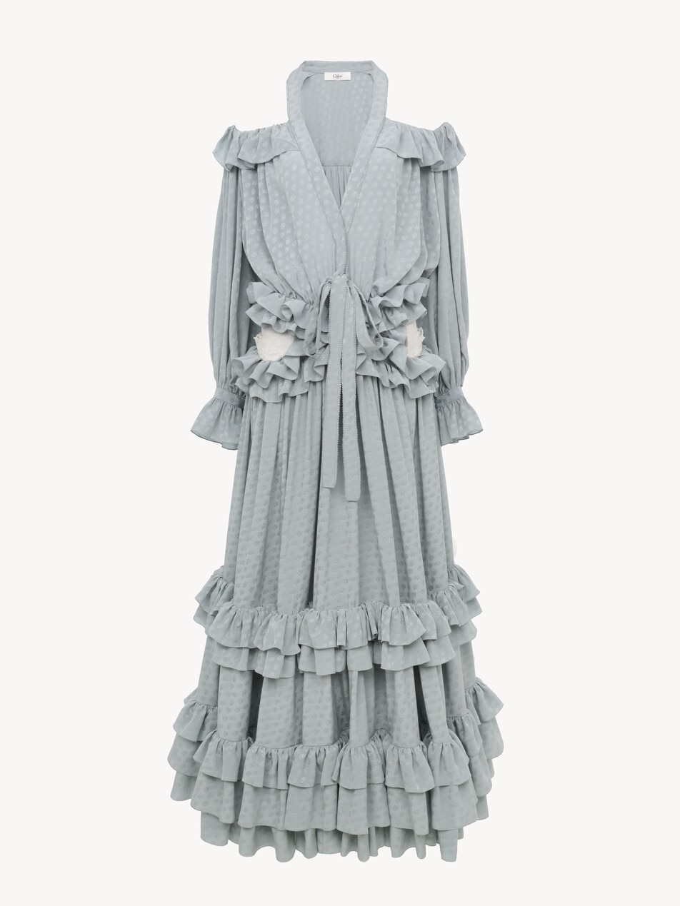 Cut-out long ruffled dress in silk jacquard