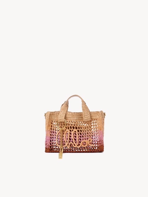 Small Summer Banana east-west tote bag with strap in raffia