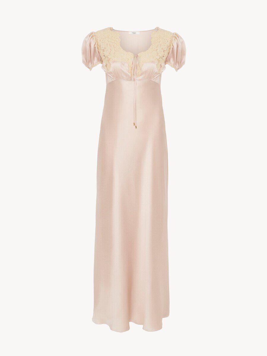 Puff-sleeve column dress in washed silk satin & lace - 2