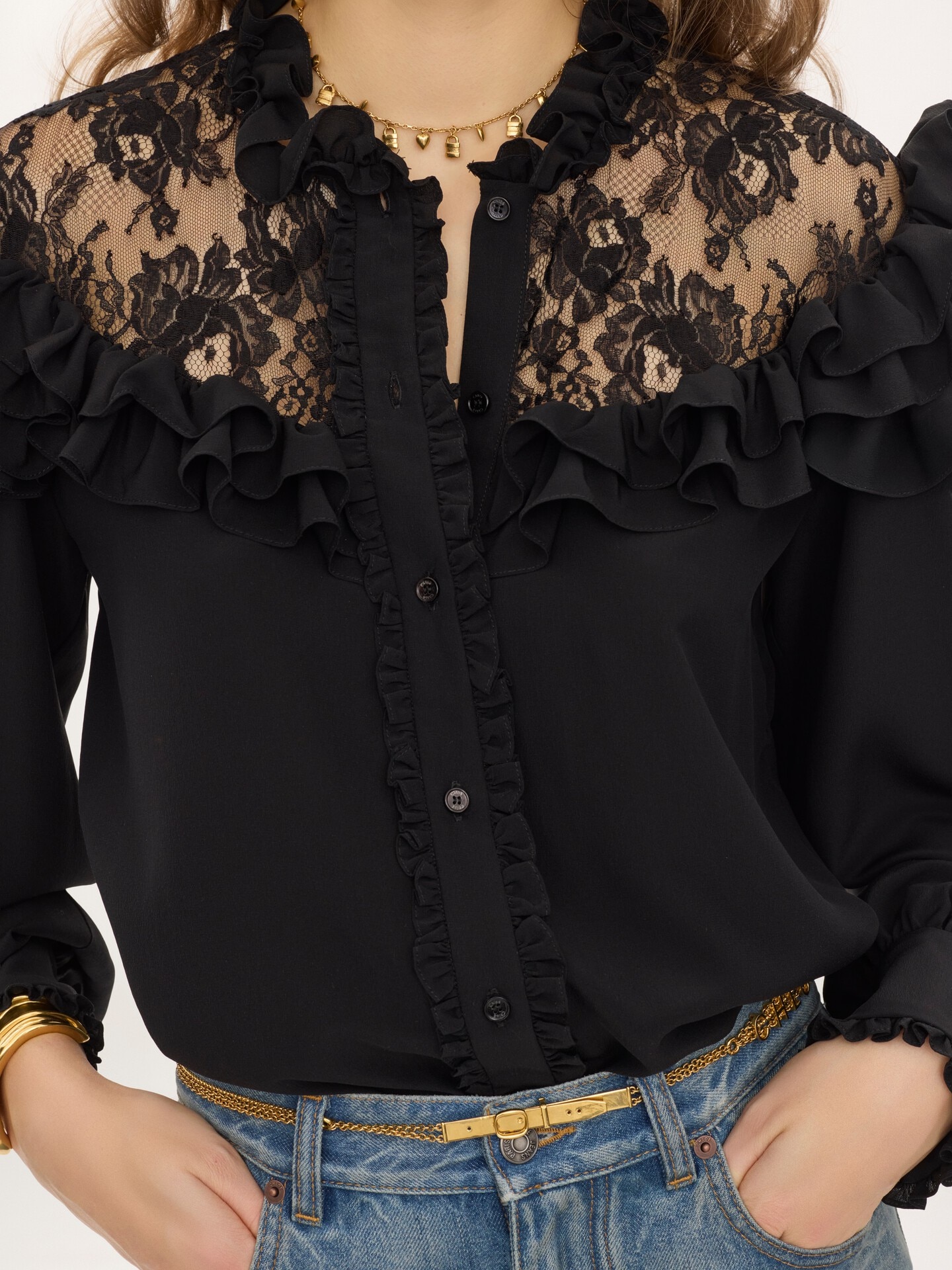 High-neck ruffled blouse in cr&ecirc;pe de chine & lace - 5.0