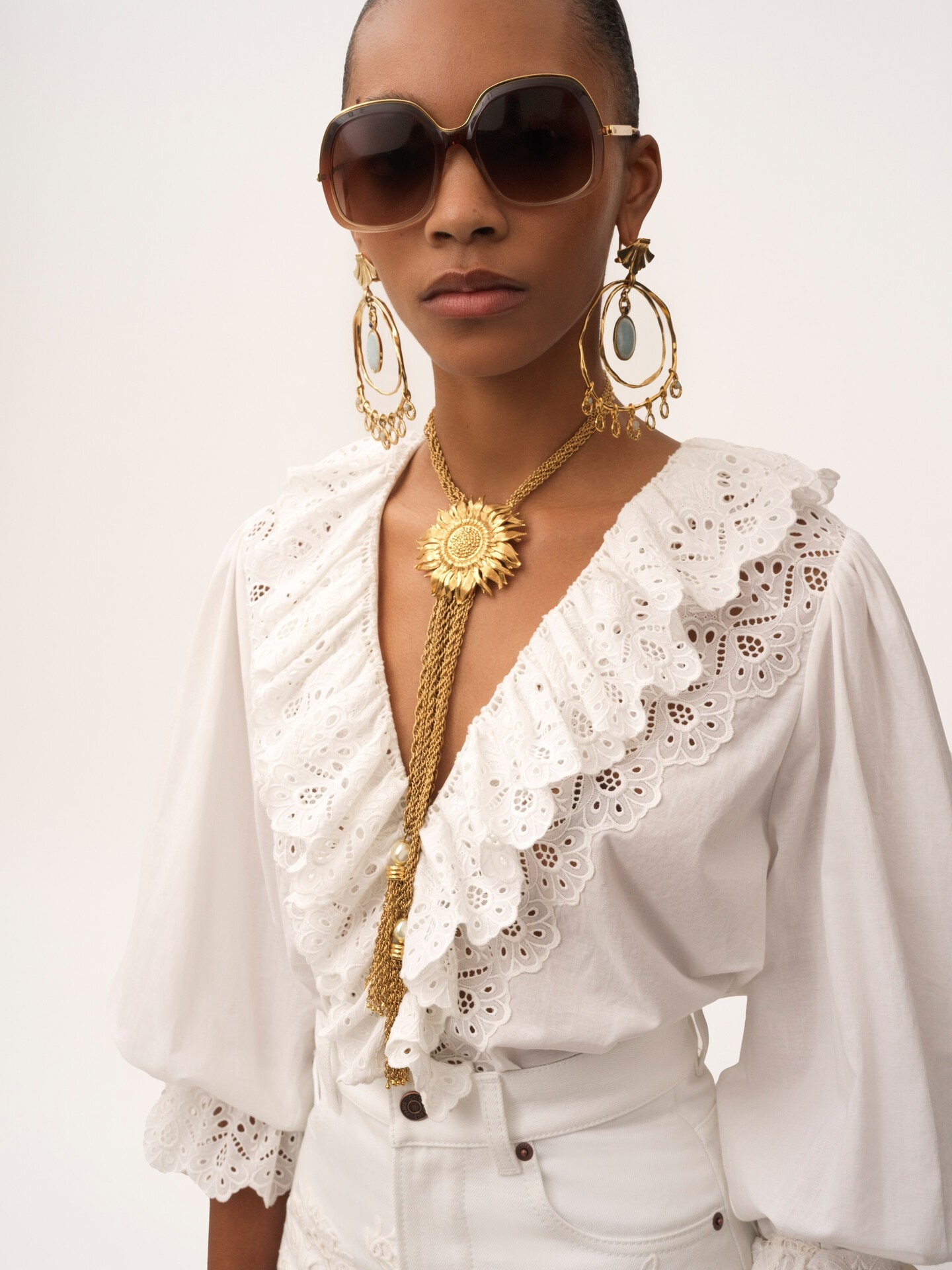 Top con cuello en V con mangas abullonadas de velo de algod&oacute;n - 7