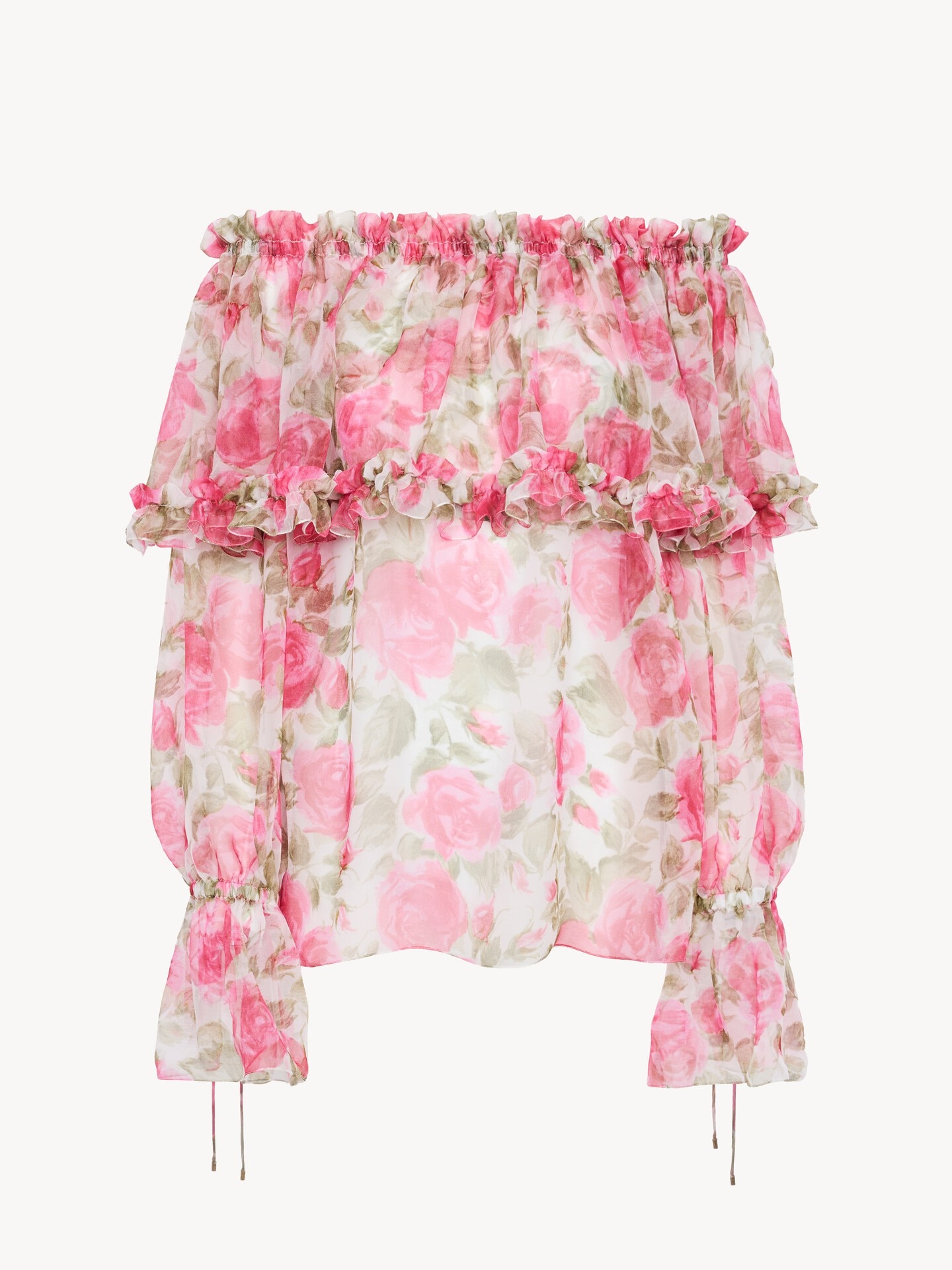 Off-the-shoulder puff-sleeve top in silk mousseline Pink - Chloé