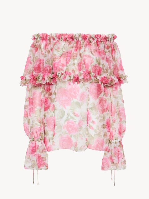 Off-the-shoulder puff-sleeve top in silk mousseline