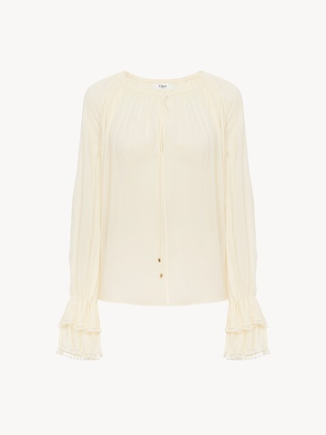 Gathered V-neck top in silk georgette