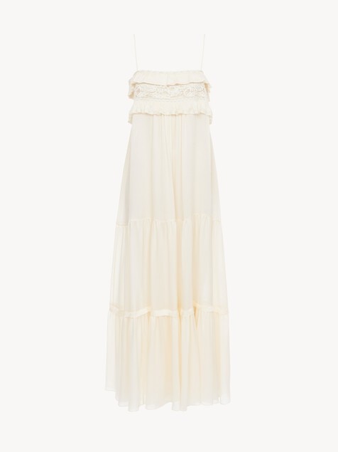 Sleeveless long dress in silk charmeuse