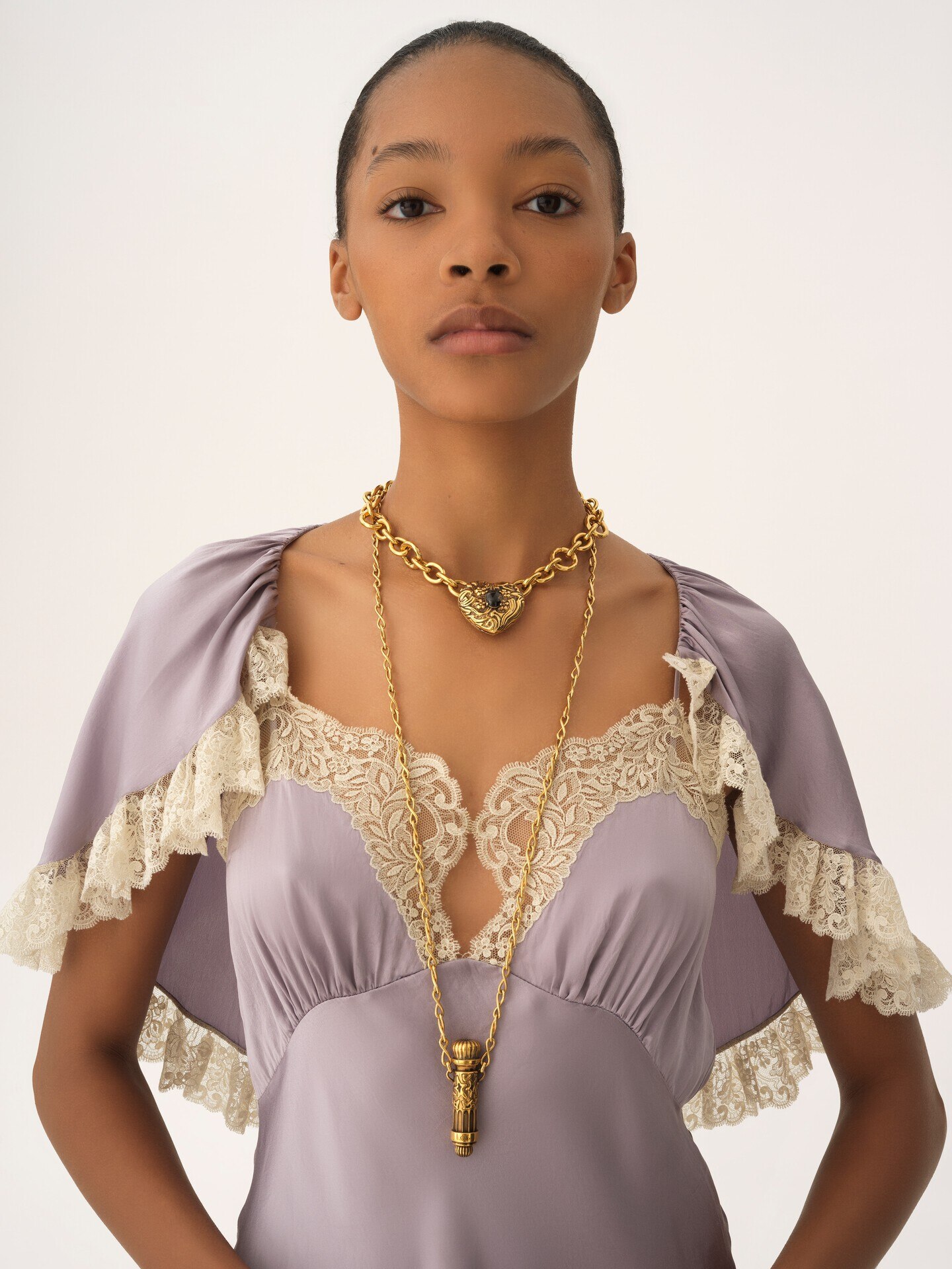 Mini cape dress in washed silk satin & lace - 5.0