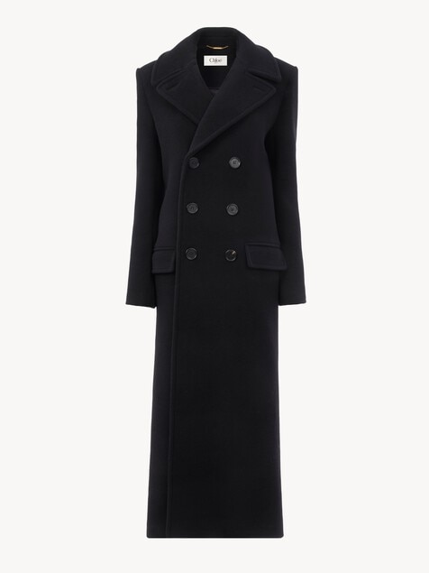 Long double-breasted coat in double-face wool
