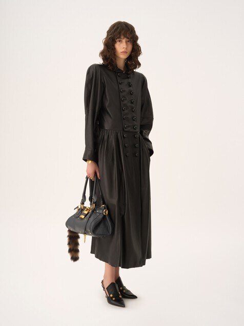 Oversized long riding coat in leather