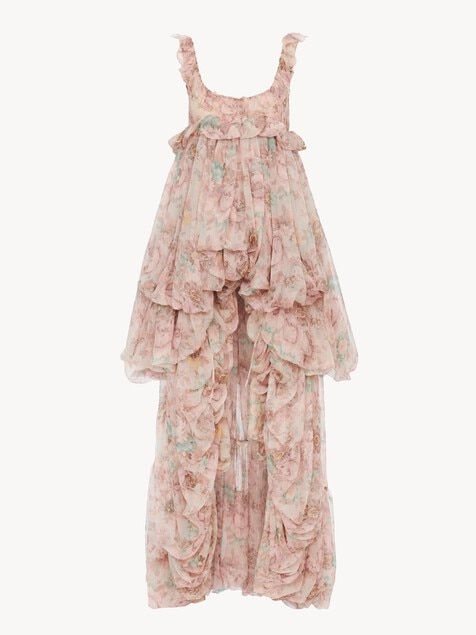Vestido de volantes irregular de muselina de seda