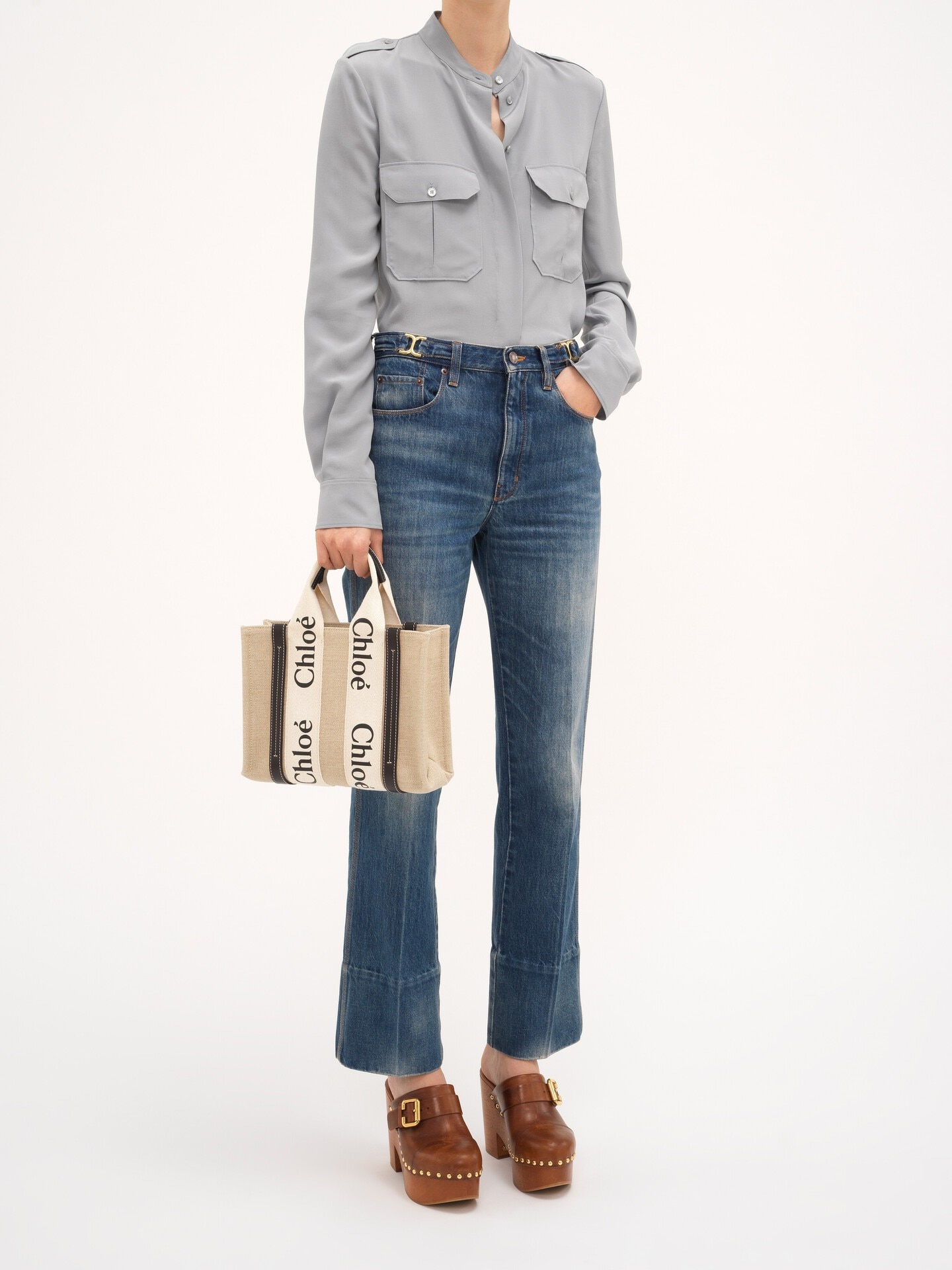 Small Woody tote bag in linen - 8