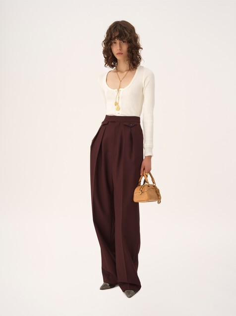High-rise gathered trousers in wool gabardine