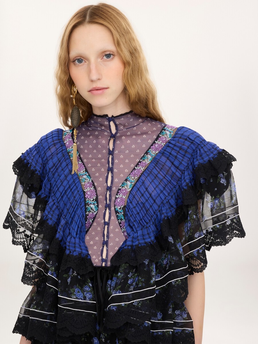 Ruffled long dress in silk mousseline & lace - 6