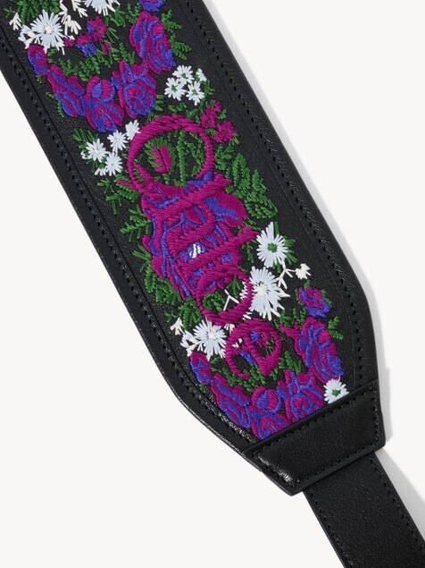 Grained leather strap with roses embroidery