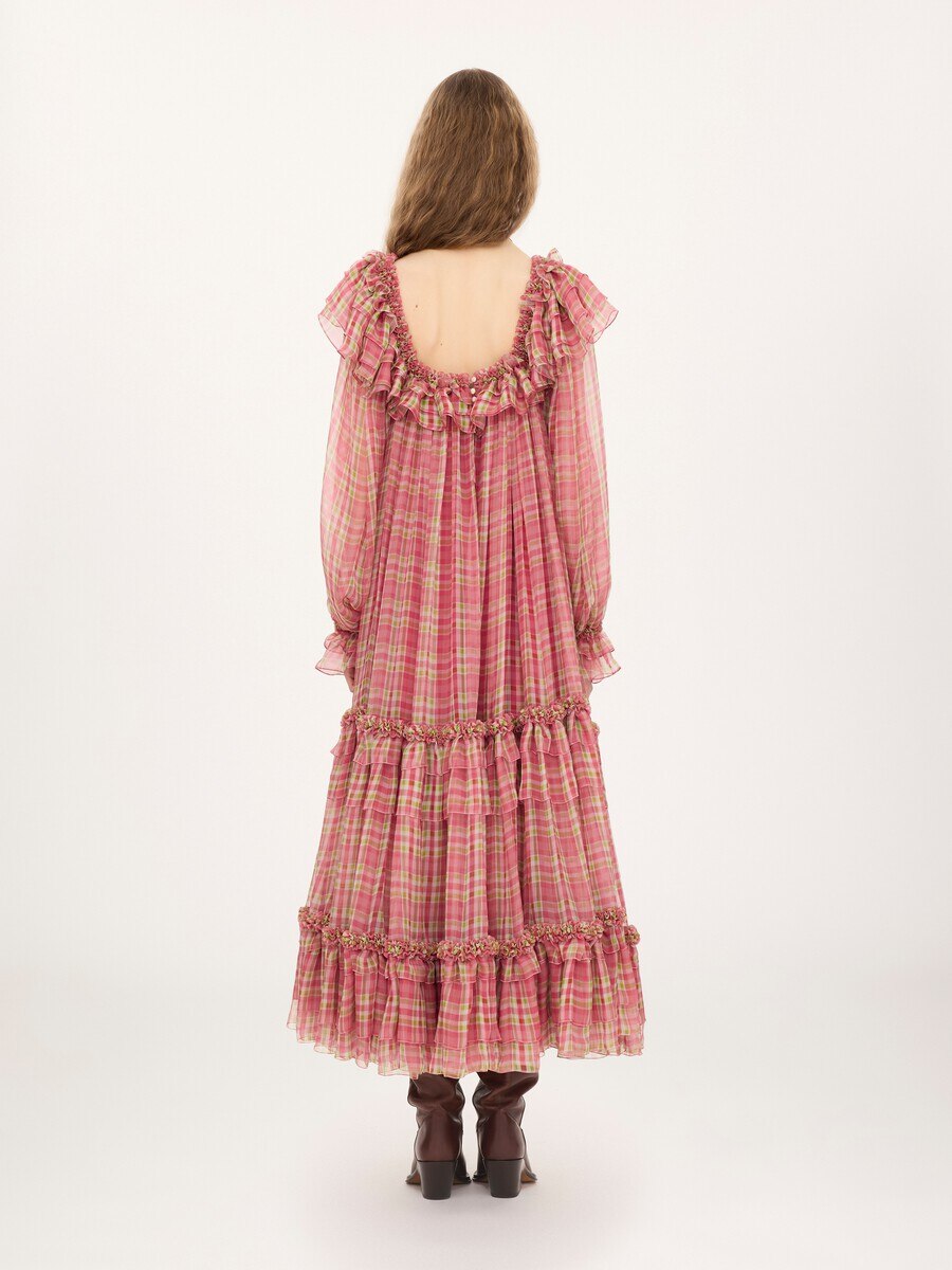 Square-neck midi dress in check silk mousseline - 6
