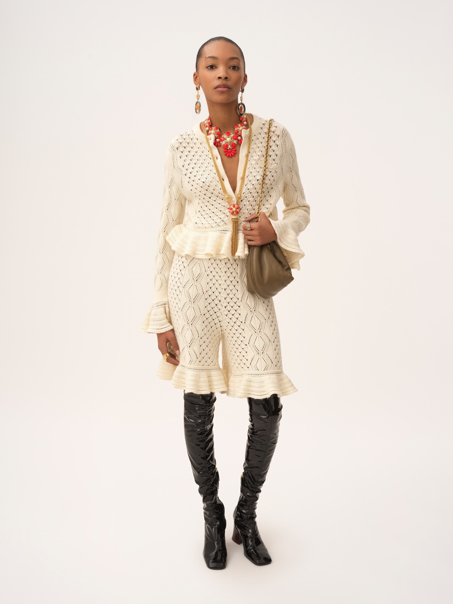 Ruffled logo cardigan in a silk, alpaca & cotton knit Iconic Milk