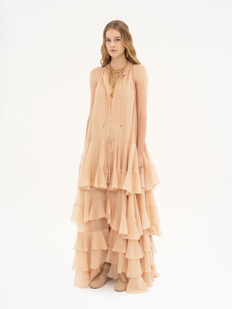Abito maxi a balze in georgette di seta