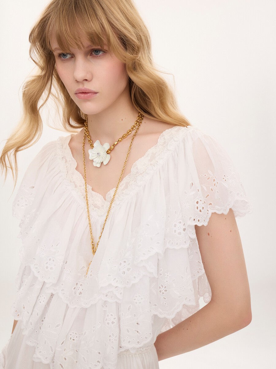 Cropped V-neck ruffle top in cotton voile & lace - 5
