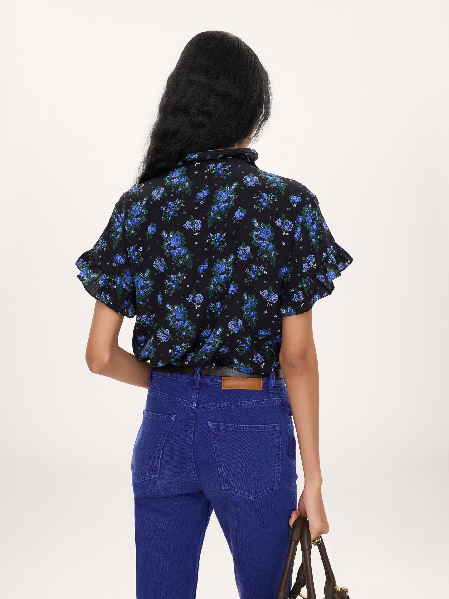 Short-sleeve ruffled top in cr&ecirc;pe de chine - 5.0
