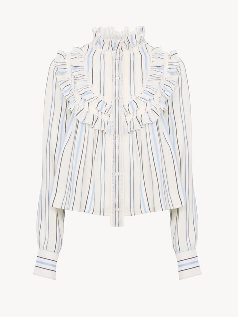 Ruffled blouse in silk jacquard & lace