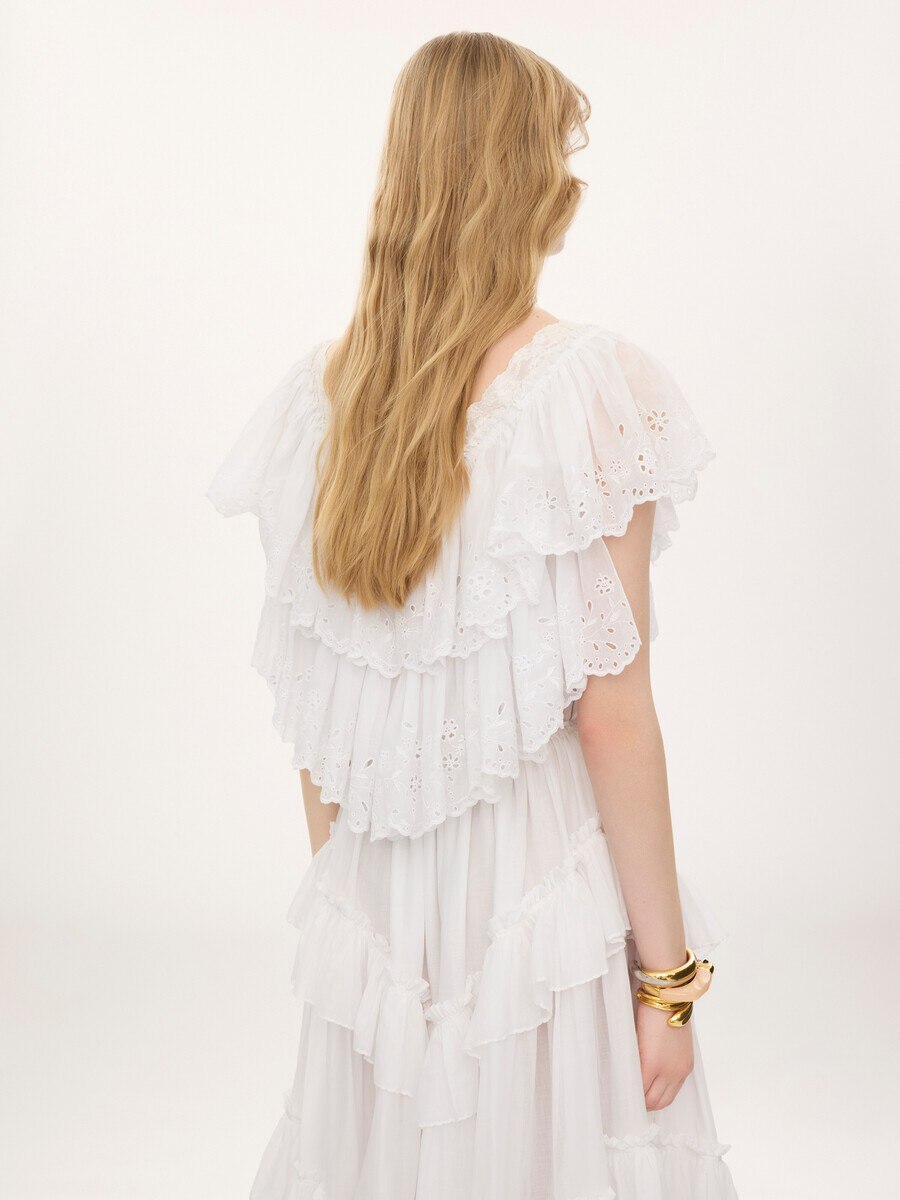 Cropped V-neck ruffle top in cotton voile & lace - 7